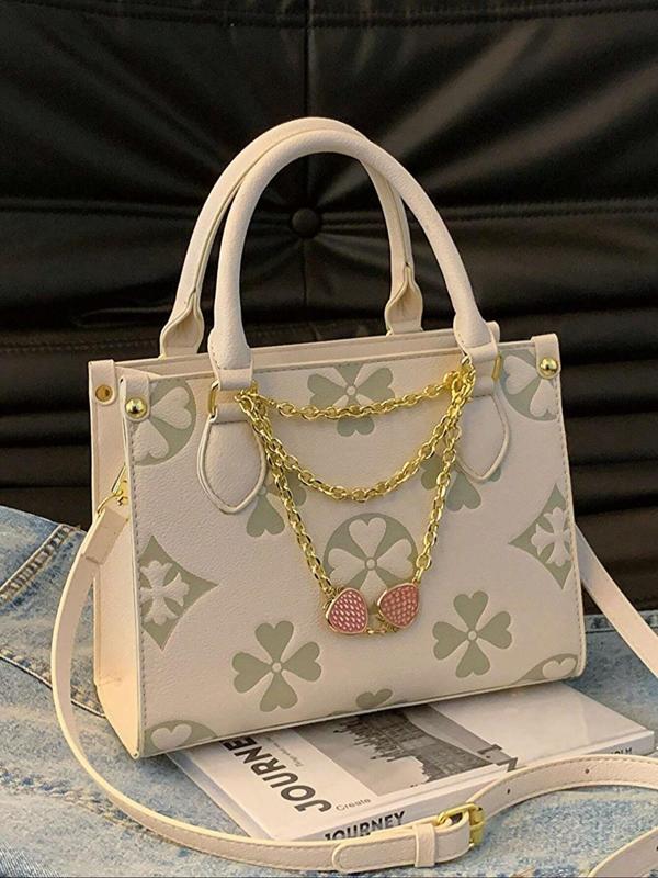 Women's Strawberry Decor Chain Strap Handbag, Casual Four-leaf Clovers Embossed Crossbody Bag for Daily Used, Trendy Versatile High-quality Daily Commuting Bag