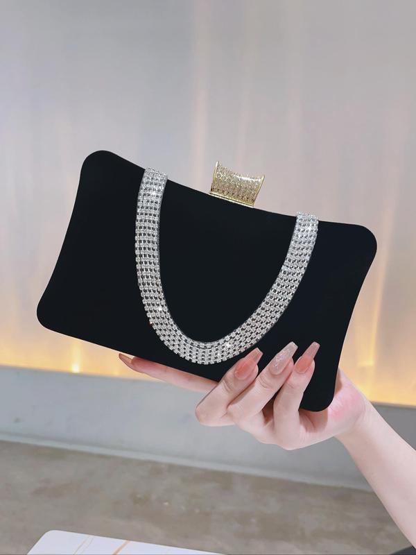 Women's Rhinestone Decorated Evening Bag, Elegant Velvet Clutch Purse With Chain Strap, Luxury Shoulder Bag For Party