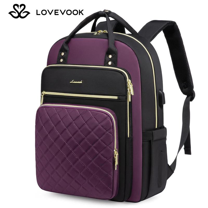 LOVEVOOK Christmas Laptop Backpack with USB Port,Multi-Compartment Laptop Bag for College, Nursing, Travel, Quilted Work Bags for Women,Color-Block Carry On Backpack