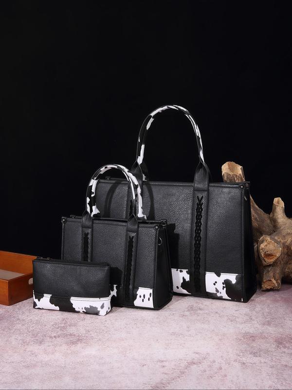 Vintage Cow Print Zipper Two Size Handbag & Clutch Bag Set for Women, Unique Bags, Casual Trendy Versatile High-quality Large Capacity Bag Set for Work & School Summer 2024 As Gift