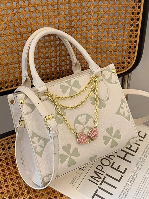 Women's Strawberry Decor Chain Strap Handbag, Casual Four-leaf Clovers Embossed Crossbody Bag for Daily Used, Trendy Versatile High-quality Daily Commuting Bag