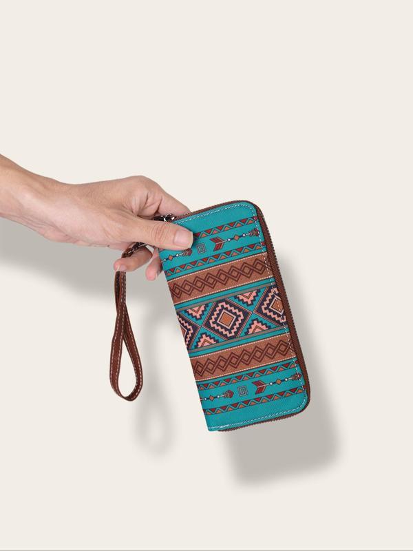 Boho Style Ethnic Pattern Waterproof & Rfid Zipper Wallet, Vintage Style Argyle Pattern Wristlet, Fashionable Wallet for Women & Girls