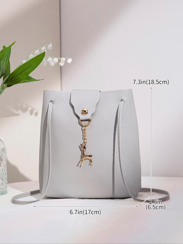 Women's Minimalist Casual Plain Crossbody Bag, Fashionable Solid with Deer Design Bag Charm Bucket Crossbody Bag For Work & Daily Used