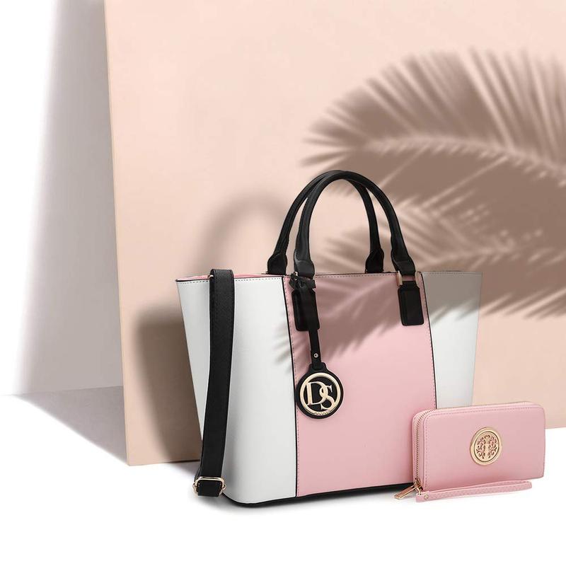 Two Tone Purses and affordable fall Handbags for Women Small Tote pink casual brown Bags with Matching Wallet and Shoulder Strap