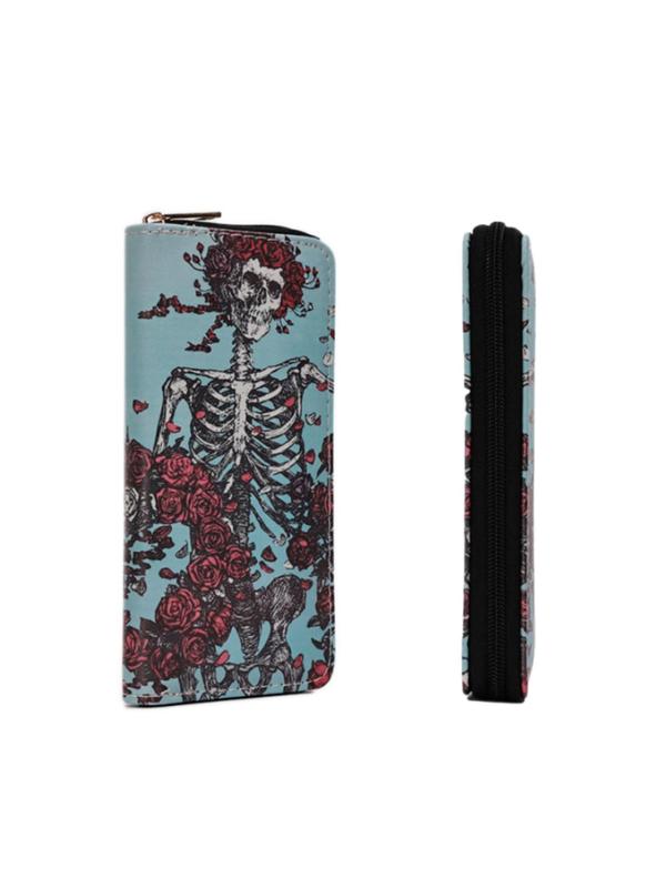 Punk Style Skull & Floral Pattern Zipper Long Wallet, Fashionable Pu Leather Wallet for Women, Casual Trendy Versatile High-quality Daily Wallet for Daily Travel Work Commute