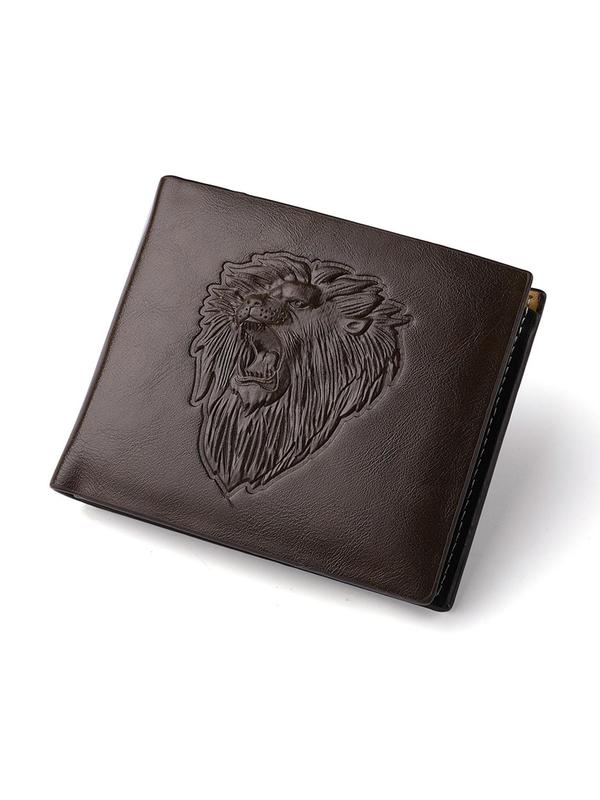 Men's Personalized Lion Embossed Short Wallet, Classic Business Bi-fold Wallet As Gift, Casual Solid Color Zipper Multi-slot Card Holder for Daily Use, Great Gift for Men