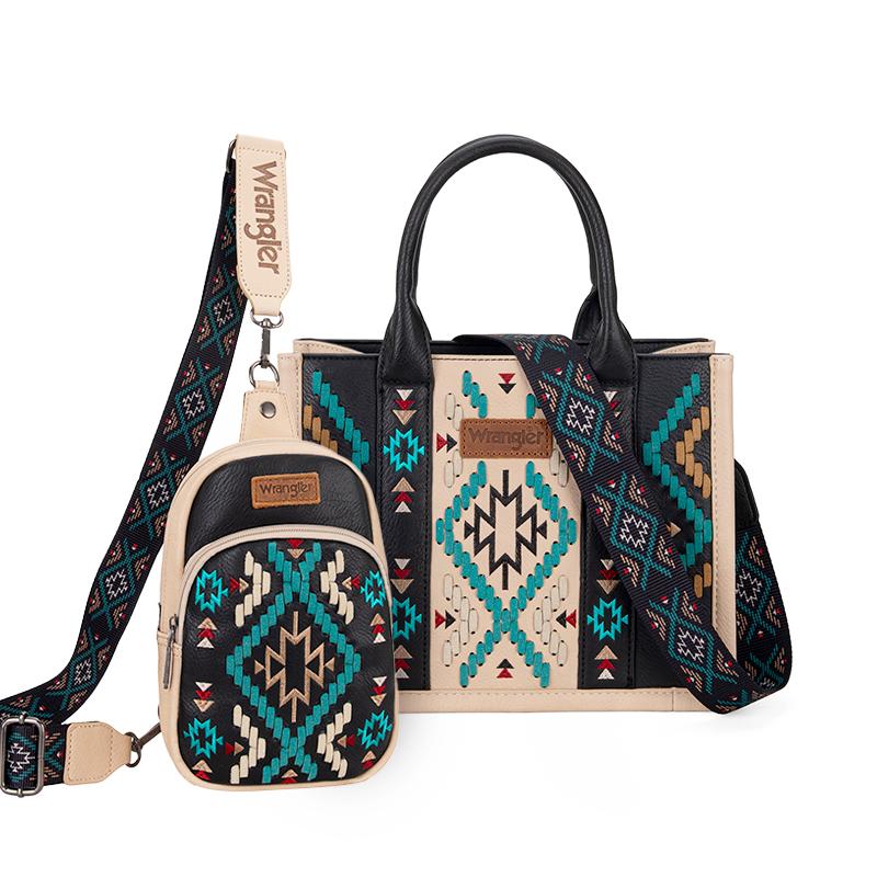 Wrangler 2024 New Style Southwestern Print Tote Bag & Sling Bag & Clutch Bundle Family Bundle