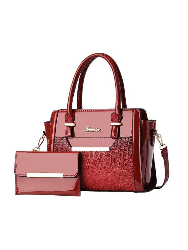 Women's Elegant Crocodile Embossed Handbag & Long Wallet, 2pcs set Large Capacity Tote Bag & Wallet, Chic PU Leather Crossbody Bag & Card Holder for Daily Use