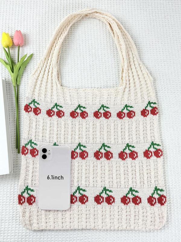 Cute Cherry Pattern Crochet Shoulder Bag, Fashionable Crochet Bag for Women, Casual Trendy Versatile High-quality Daily Commuting Bag, Girl Fashionable Shopping Bag