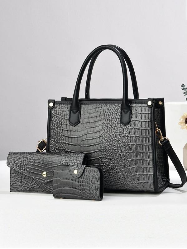 Women's Fashionable Crocodile Embossed Tote Bag & Crossbody Bag & Wristlet, Casual Versatile Bag Set for Daily Used, High-quality Daily Commuting Bag