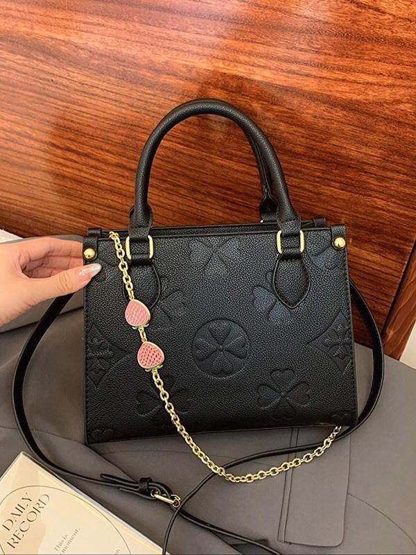 Women's Strawberry Decor Chain Strap Handbag, Casual Four-leaf Clovers Embossed Crossbody Bag for Daily Used, Trendy Versatile High-quality Daily Commuting Bag