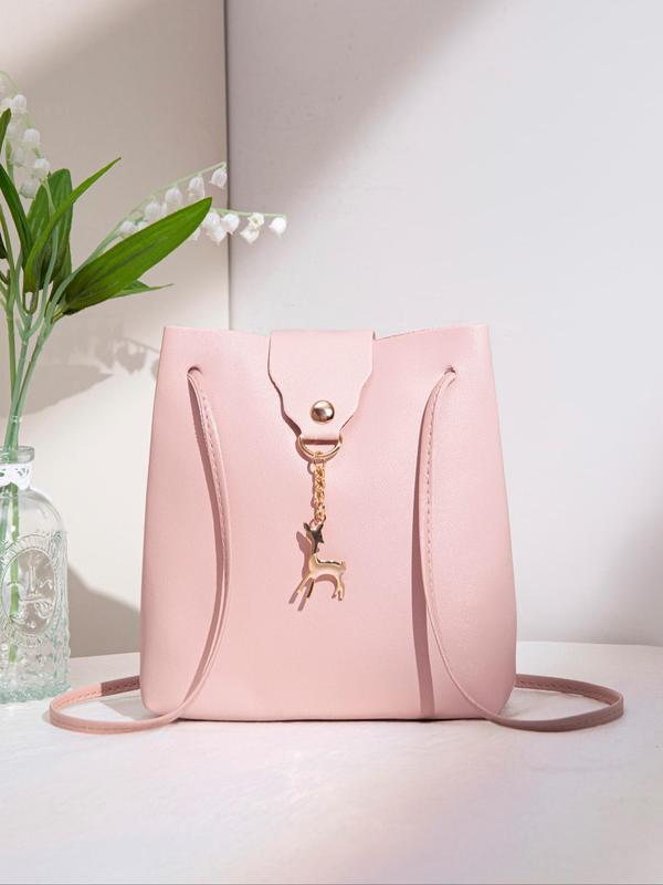 Women's Minimalist Casual Plain Crossbody Bag, Fashionable Solid with Deer Design Bag Charm Bucket Crossbody Bag For Work & Daily Used