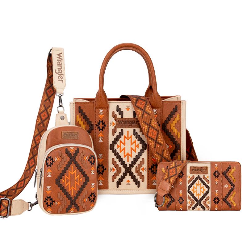 Wrangler 2024 New Style Southwestern Print Tote Bag & Sling Bag & Clutch Bundle Family Bundle