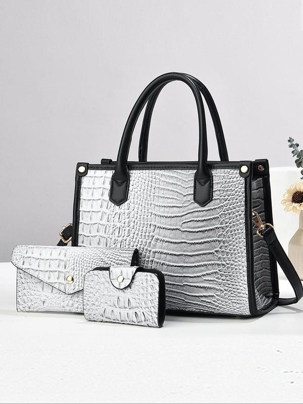 Women's Fashionable Crocodile Embossed Tote Bag & Crossbody Bag & Wristlet, Casual Versatile Bag Set for Daily Used, High-quality Daily Commuting Bag