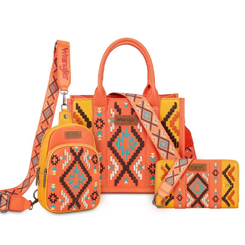 Wrangler 2024 New Style Southwestern Print Tote Bag & Sling Bag & Clutch Bundle Family Bundle