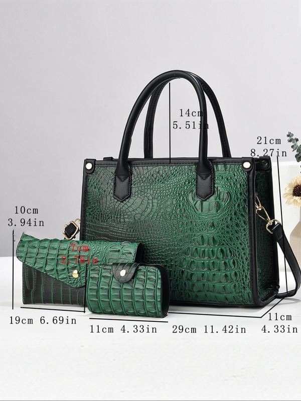 Women's Fashionable Crocodile Embossed Tote Bag & Crossbody Bag & Wristlet, Casual Versatile Bag Set for Daily Used, High-quality Daily Commuting Bag