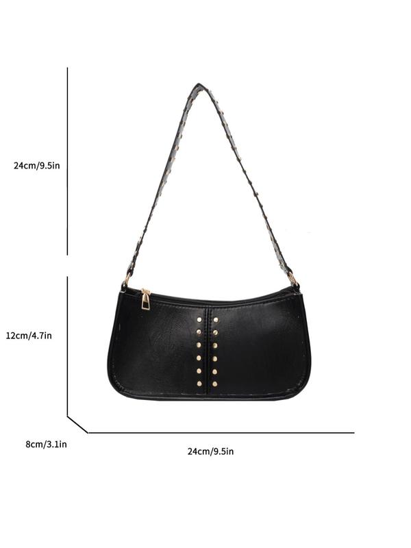 Women's Fashionable All-match Studded Decorated Shoulder Bag, New Trend Baguette Bag, Simple Plain Pu Leather Zipper Underarm Bag for Daily Used