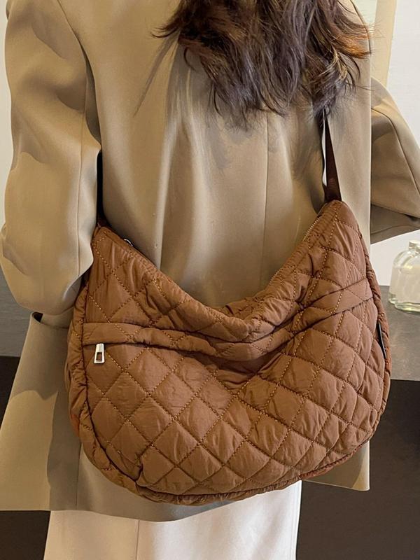 Women's Solid Color Quilted Design Hobo Bag, Fashionable Large Capacity Shoulder Bag for Daily Used, Casual Trendy Versatile High-quality Daily Commuting Bag