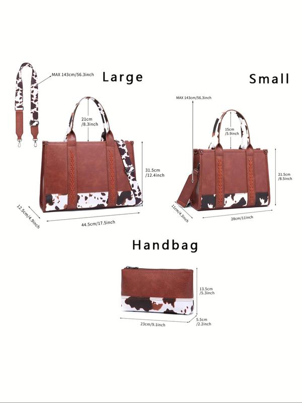 Vintage Cow Print Zipper Two Size Handbag & Clutch Bag Set for Women, Unique Bags, Casual Trendy Versatile High-quality Large Capacity Bag Set for Work & School Summer 2024 As Gift