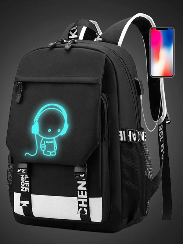 Unisex Fashionable Glow in The Dark Cartoon Print Backpack, Casual Large Capacity Backpack with Adjustable Strap, Portable Travel Backpack for Men & Women