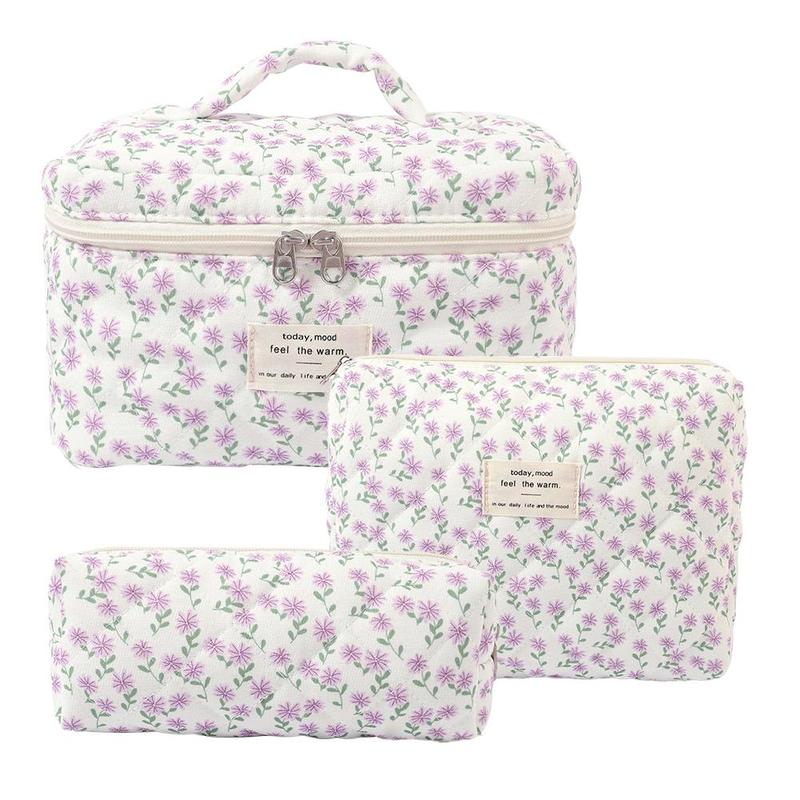 Floral Pattern Makeup Bag Set, 3 Counts set Large Capacity Cosmetic Storage Bag, Zipper Makeup Organizer Pouch