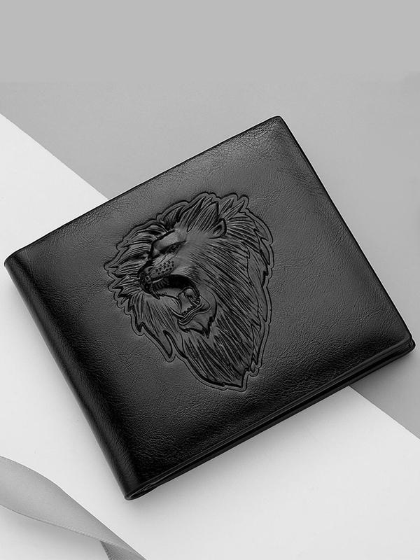 Men's Personalized Lion Embossed Short Wallet, Classic Business Bi-fold Wallet As Gift, Casual Solid Color Zipper Multi-slot Card Holder for Daily Use, Great Gift for Men