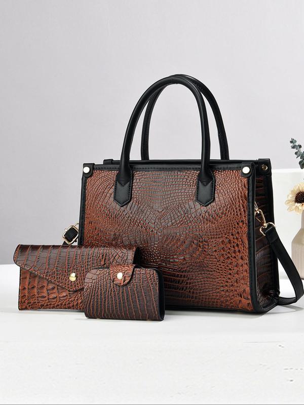 Women's Fashionable Crocodile Embossed Tote Bag & Crossbody Bag & Wristlet, Casual Versatile Bag Set for Daily Used, High-quality Daily Commuting Bag