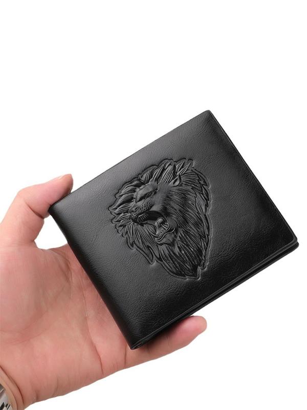 Men's Personalized Lion Embossed Short Wallet, Classic Business Bi-fold Wallet As Gift, Casual Solid Color Zipper Multi-slot Card Holder for Daily Use, Great Gift for Men