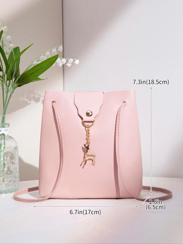 Women's Minimalist Casual Plain Crossbody Bag, Fashionable Solid with Deer Design Bag Charm Bucket Crossbody Bag For Work & Daily Used