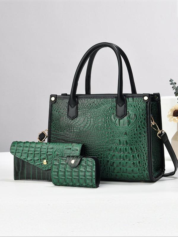 Women's Fashionable Crocodile Embossed Tote Bag & Crossbody Bag & Wristlet, Casual Versatile Bag Set for Daily Used, High-quality Daily Commuting Bag