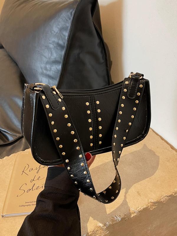 Women's Fashionable All-match Studded Decorated Shoulder Bag, New Trend Baguette Bag, Simple Plain Pu Leather Zipper Underarm Bag for Daily Used