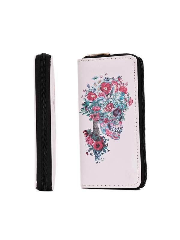 Punk Style Skull & Floral Pattern Zipper Long Wallet, Fashionable Pu Leather Wallet for Women, Casual Trendy Versatile High-quality Daily Wallet for Daily Travel Work Commute