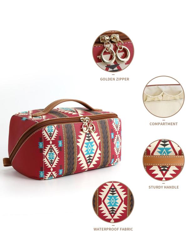 Boho Style Ethnic Geometric Pattern Makeup Bag, Casual Zipper Makeup Organizer Pouch, Large Capacity Waterproof Toiletry Bag, Versatile Storage Bag for Travel, Dormitory, Outing, Daily Use