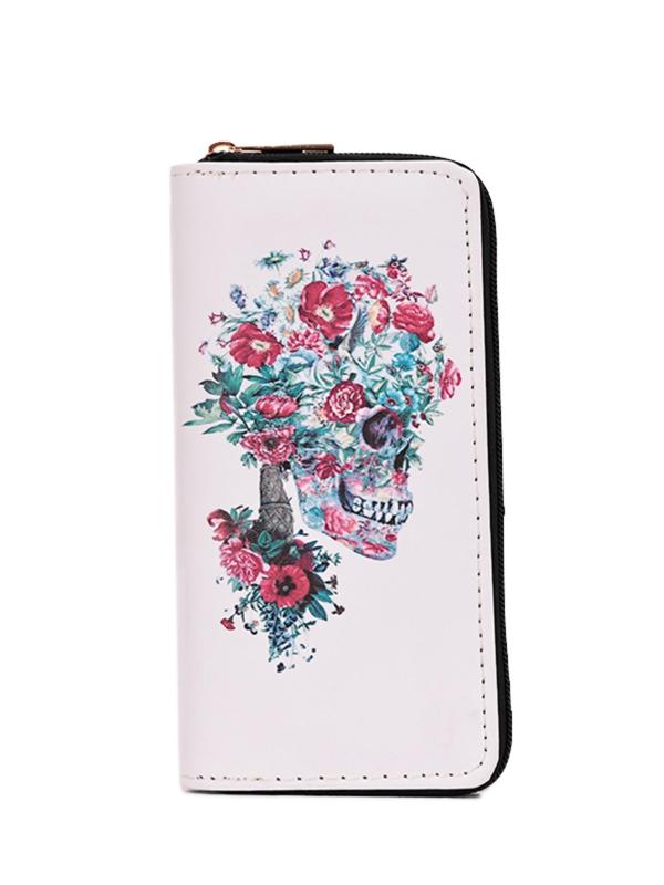 Punk Style Skull & Floral Pattern Zipper Long Wallet, Fashionable Pu Leather Wallet for Women, Casual Trendy Versatile High-quality Daily Wallet for Daily Travel Work Commute