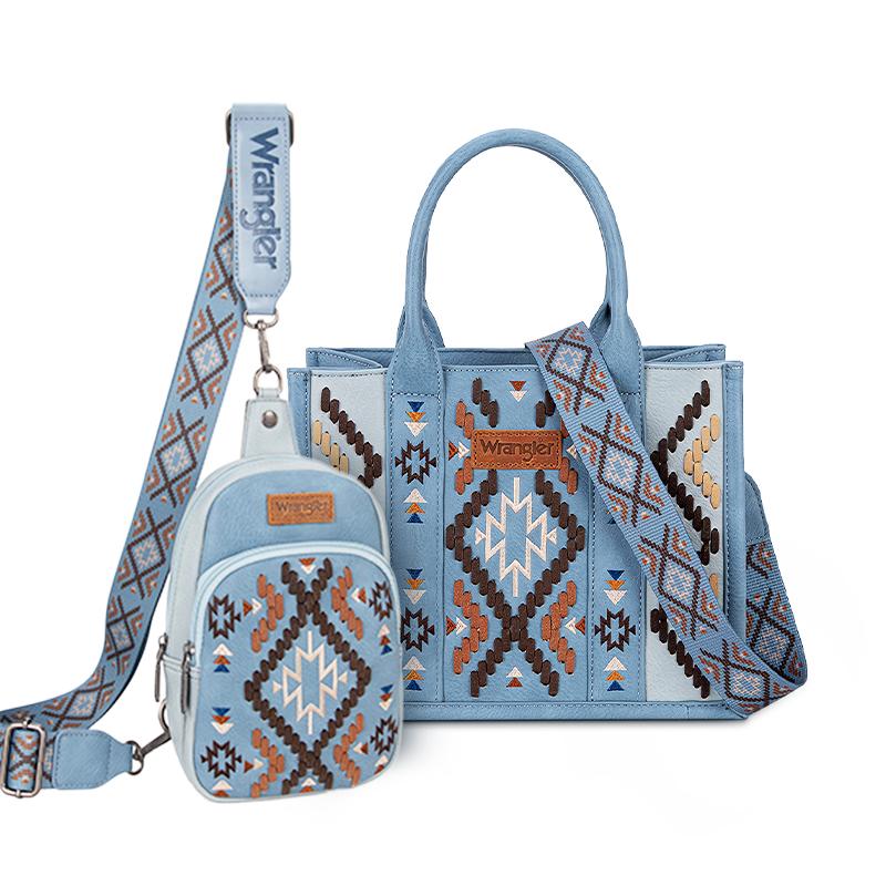 Wrangler 2024 New Style Southwestern Print Tote Bag & Sling Bag & Clutch Bundle Family Bundle