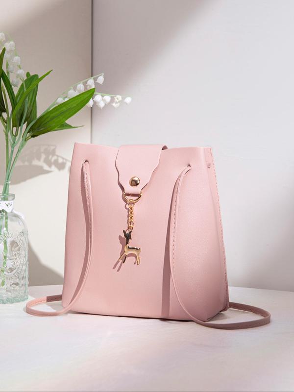 Women's Minimalist Casual Plain Crossbody Bag, Fashionable Solid with Deer Design Bag Charm Bucket Crossbody Bag For Work & Daily Used