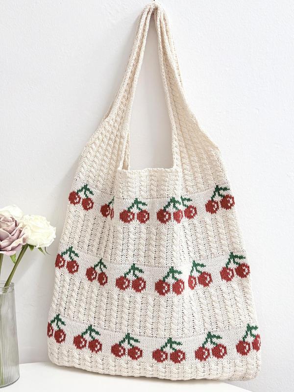 Cute Cherry Pattern Crochet Shoulder Bag, Fashionable Crochet Bag for Women, Casual Trendy Versatile High-quality Daily Commuting Bag, Girl Fashionable Shopping Bag