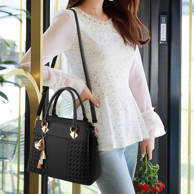 Women's Embossed Design Tote Bags Trendy Shoulder Bags With Pendant Decor Double Handle Handbag for Office Commuter