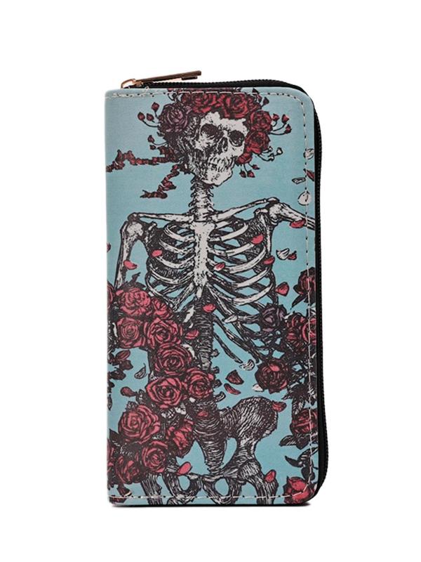 Punk Style Skull & Floral Pattern Zipper Long Wallet, Fashionable Pu Leather Wallet for Women, Casual Trendy Versatile High-quality Daily Wallet for Daily Travel Work Commute