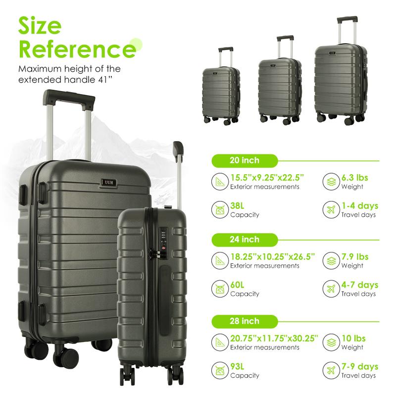 UUH Luggae Case 3 Pieces Luggage 20inch 24inch 28inch PC Durable Shell Case With TSA Lock 4 Silent Spinner Wheels