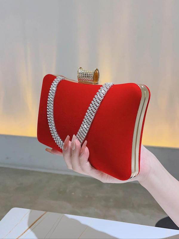 Women's Rhinestone Decorated Evening Bag, Elegant Velvet Clutch Purse With Chain Strap, Luxury Shoulder Bag For Party