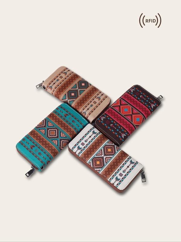 Boho Style Ethnic Pattern Waterproof & Rfid Zipper Wallet, Vintage Style Argyle Pattern Wristlet, Fashionable Wallet for Women & Girls