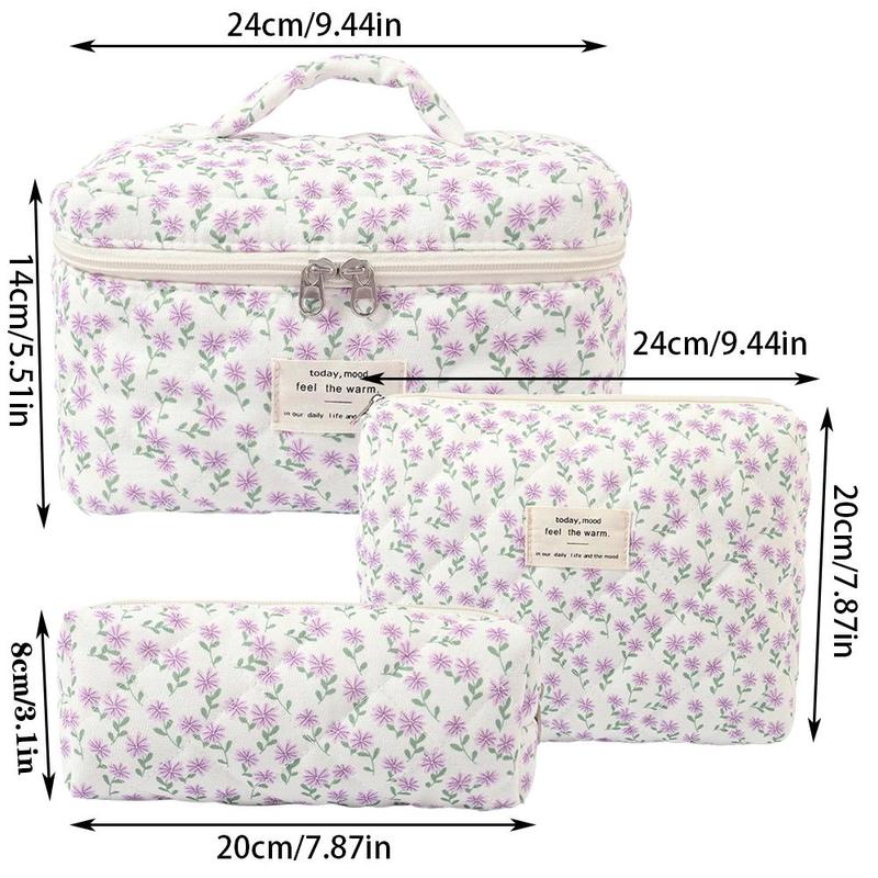 Floral Pattern Makeup Bag Set, 3 Counts set Large Capacity Cosmetic Storage Bag, Zipper Makeup Organizer Pouch