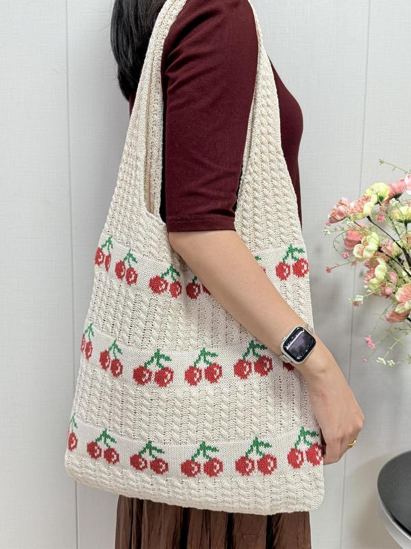 Cute Cherry Pattern Crochet Shoulder Bag, Fashionable Crochet Bag for Women, Casual Trendy Versatile High-quality Daily Commuting Bag, Girl Fashionable Shopping Bag