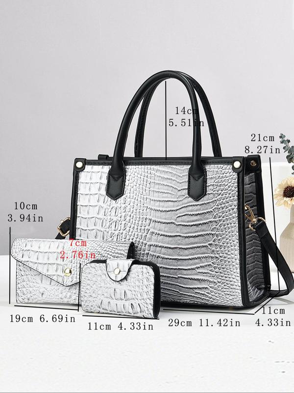 Women's Fashionable Crocodile Embossed Tote Bag & Crossbody Bag & Wristlet, Casual Versatile Bag Set for Daily Used, High-quality Daily Commuting Bag