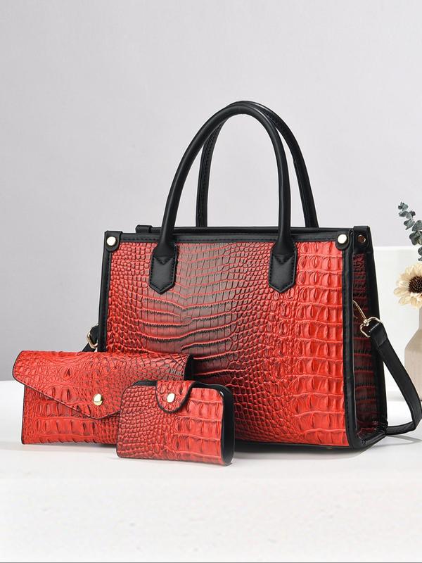 Women's Fashionable Crocodile Embossed Tote Bag & Crossbody Bag & Wristlet, Casual Versatile Bag Set for Daily Used, High-quality Daily Commuting Bag