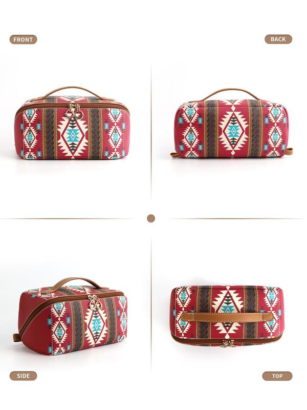 Boho Style Ethnic Geometric Pattern Makeup Bag, Casual Zipper Makeup Organizer Pouch, Large Capacity Waterproof Toiletry Bag, Versatile Storage Bag for Travel, Dormitory, Outing, Daily Use