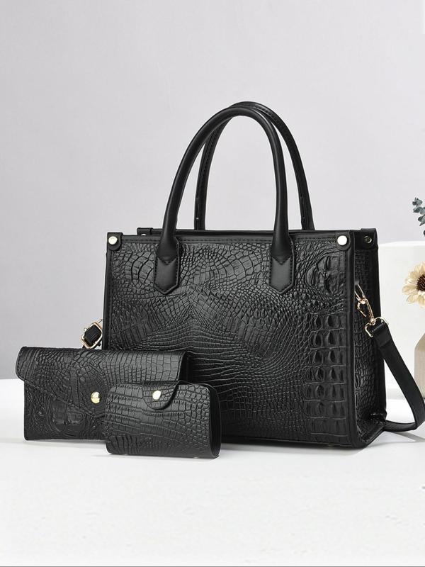 Women's Fashionable Crocodile Embossed Tote Bag & Crossbody Bag & Wristlet, Casual Versatile Bag Set for Daily Used, High-quality Daily Commuting Bag