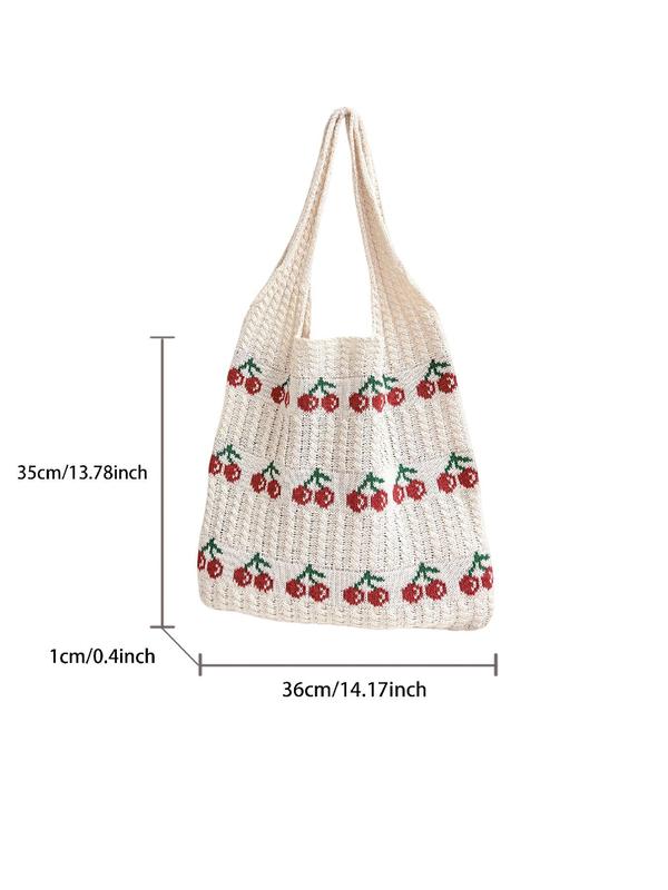 Cute Cherry Pattern Crochet Shoulder Bag, Fashionable Crochet Bag for Women, Casual Trendy Versatile High-quality Daily Commuting Bag, Girl Fashionable Shopping Bag