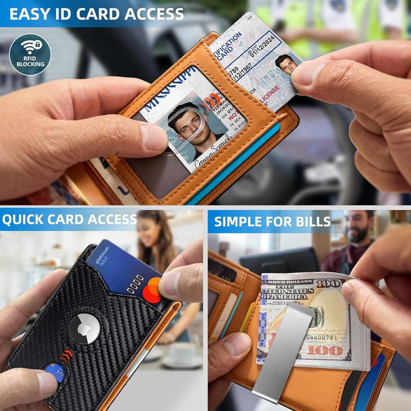 Airtag Wallet for Men,with Money Clip 11 Cards Slim Front Pocket Leather RFID Blocking Wallet with Gift Box